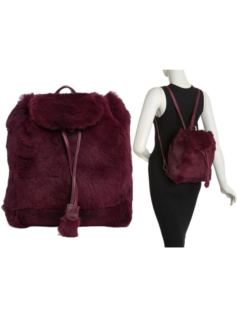 Longchamp Give Me A Hug Women's Rabbit Fur Leather Backpack Purse Plum - France